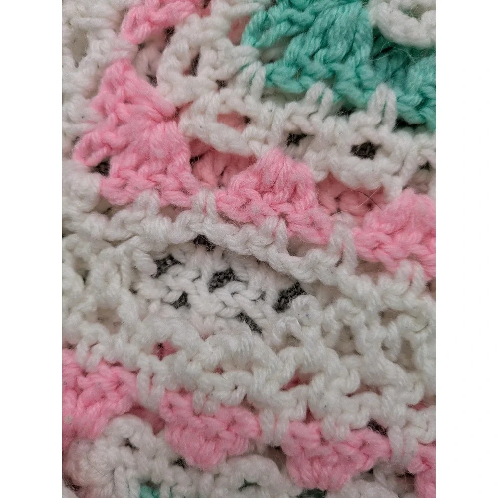 Handmade Crochet Crib Blanket Baby Girls Pink Heart Squares 38x58 Multicolor